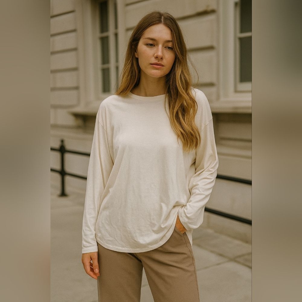 Cream M L/S Top Crew Neck Shirt Stretch Undershirt Basic Oversized Quiet Luxury